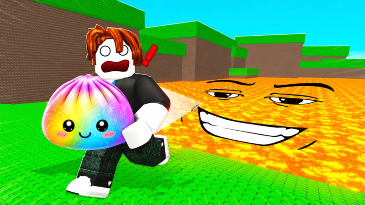 Roblox avatar running from grinning lava while carrying a rainbow dumpling squishy in Save the Dumpling Squishy