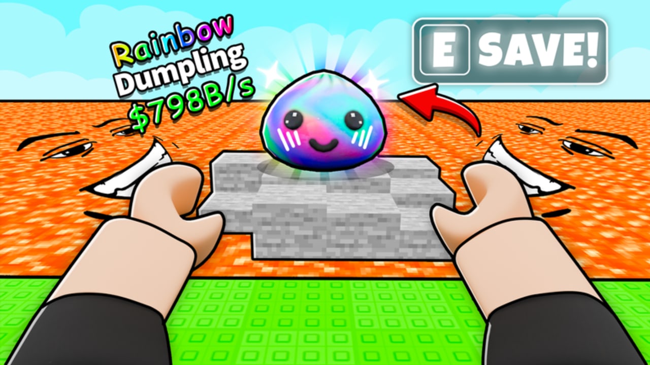 First-person save prompt on a Rainbow Dumpling worth 798 billion cash per second in Save the Dumpling Squishy