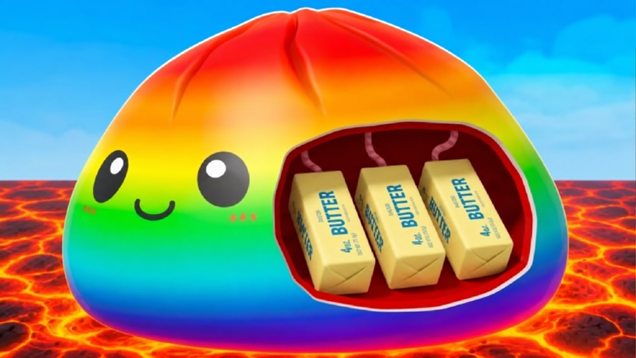 Rainbow dumpling cutaway over lava in Save the Dumpling Squishy